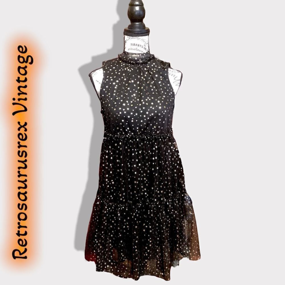 POPSUGAR Babydoll Gold Foil Star Tiered Little Black Party Dress, XS - Picture 7 of 8